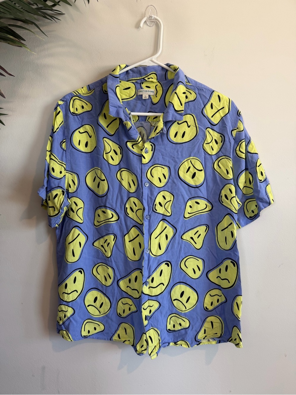 EARTHBOUND Blue Short-Sleeve Button-Down Shirt with Yellow Smiley Faces
